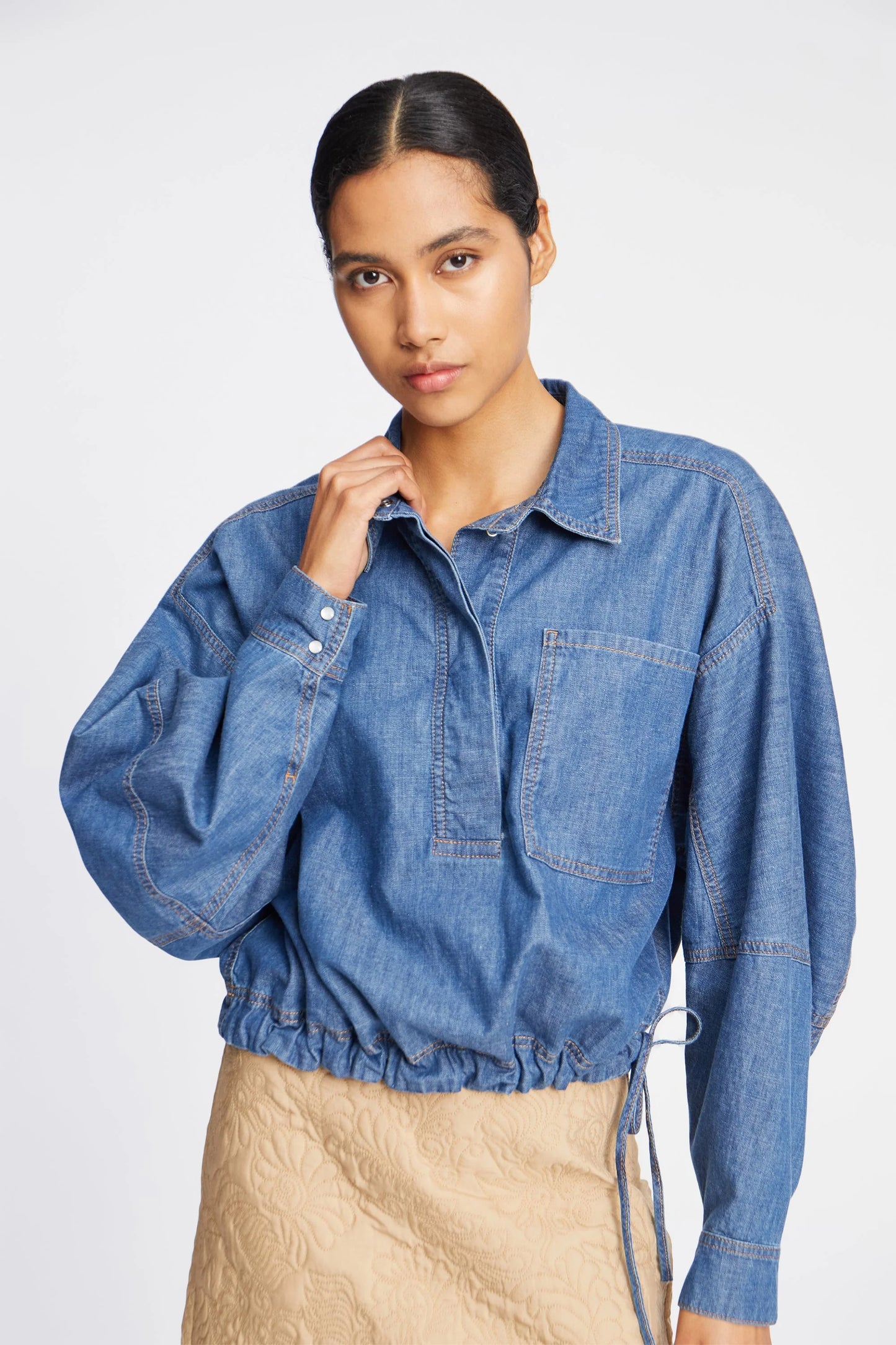 Fihr Denim Blouse with Tie Indigo