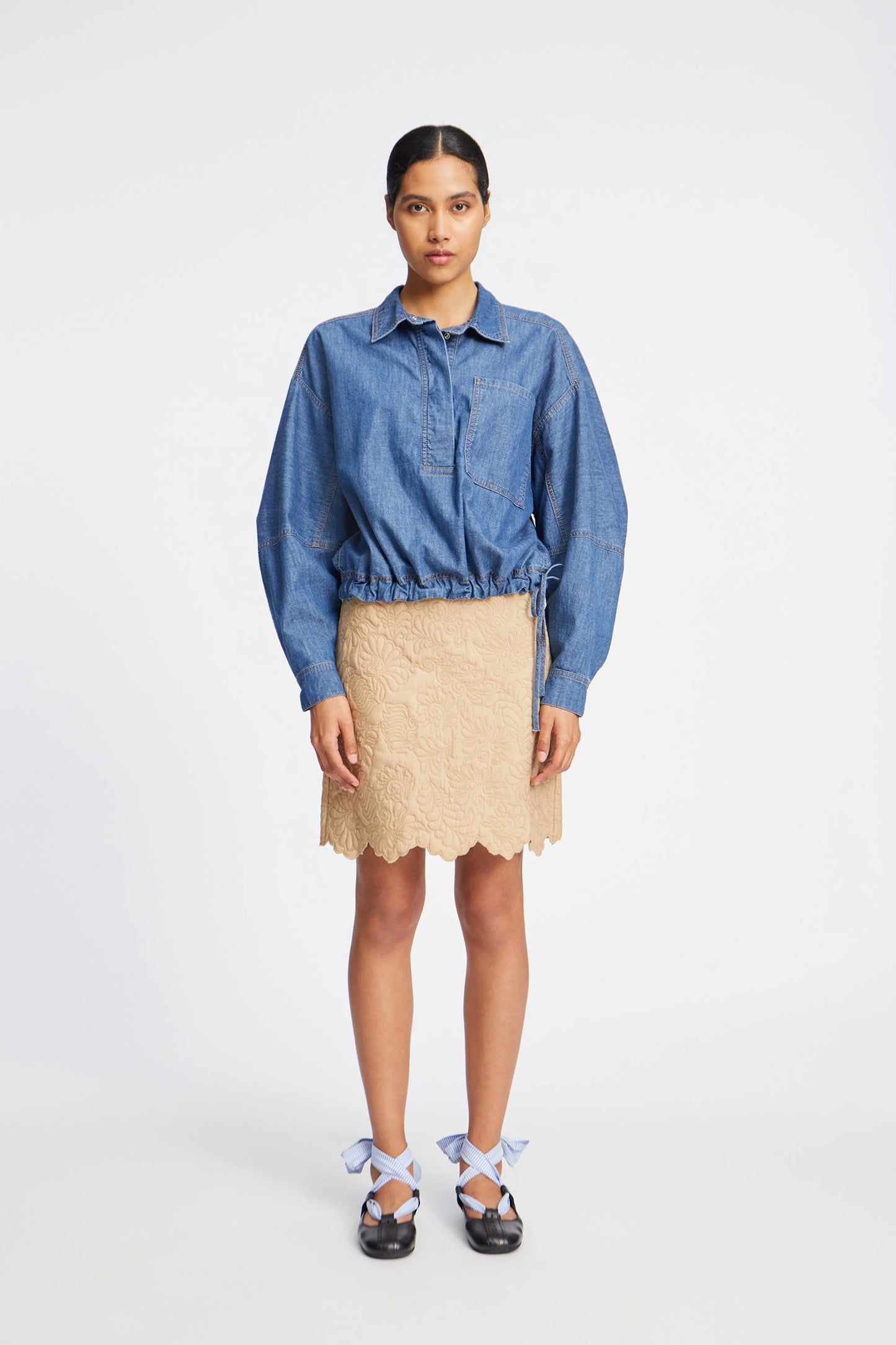 Fihr Denim Blouse with Tie Indigo