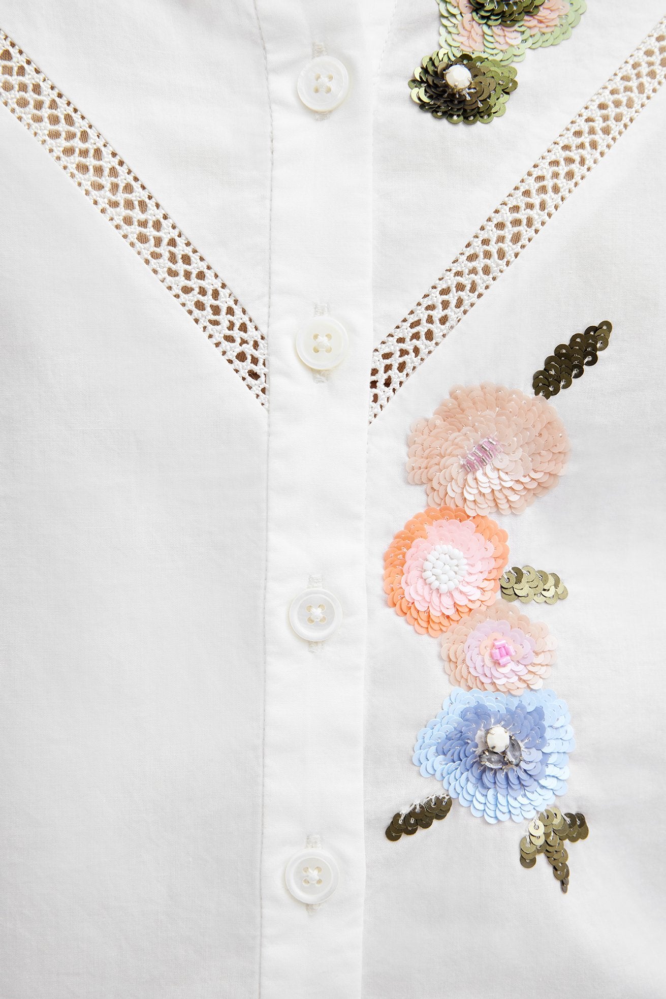 Naja Shirt with Beautiful Sequins Flowers White