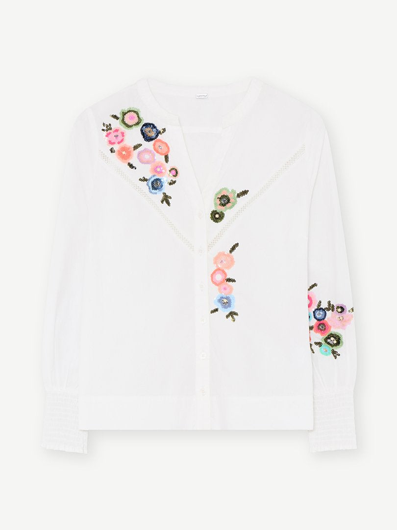 Naja Shirt with Beautiful Sequins Flowers White