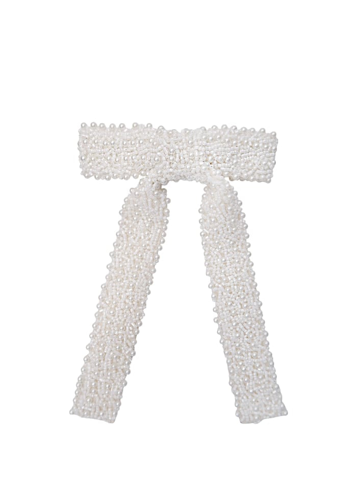 Pearl Bow Beaded Barette White