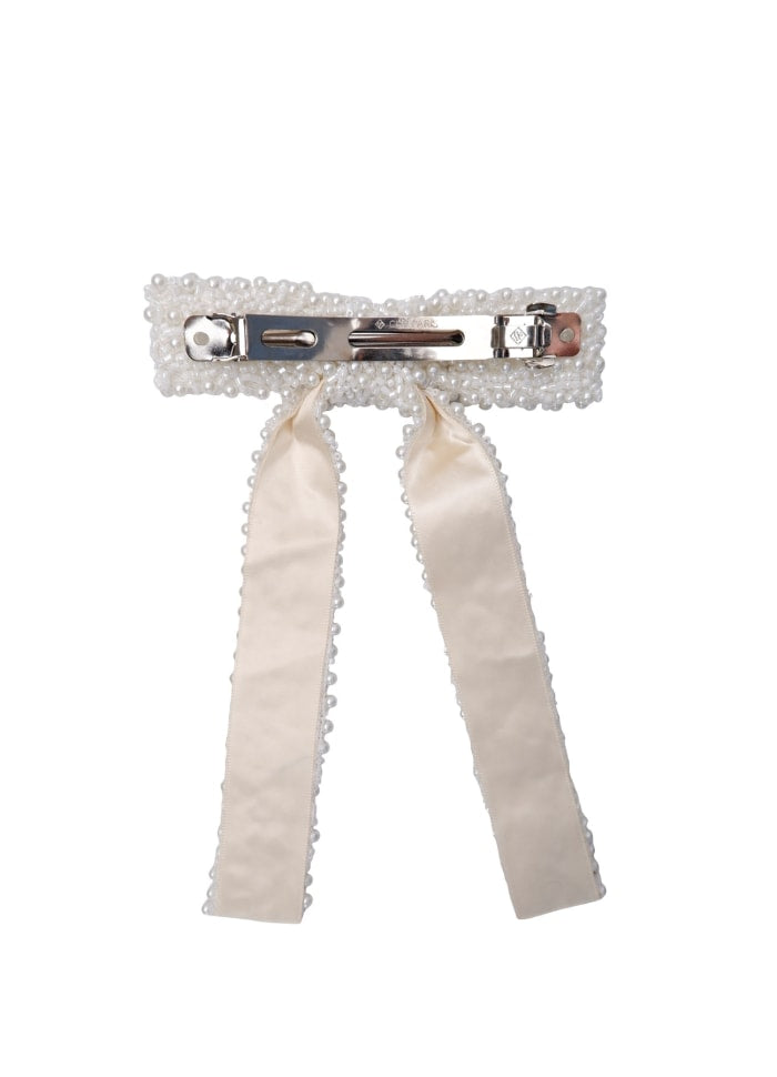 Pearl Bow Beaded Barette White