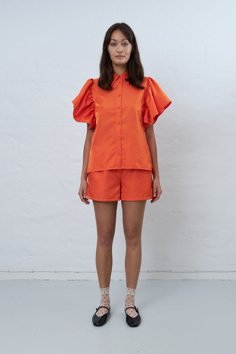 Shiny Sleeve Frill Top Orange Red