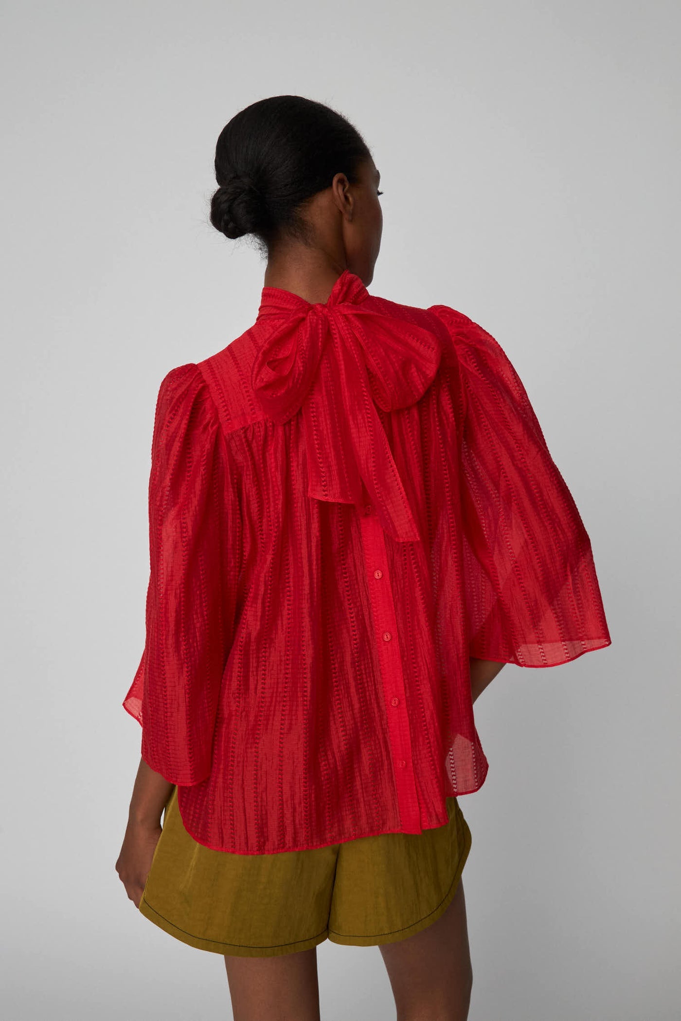 Pointelle High-Neck Bow Blouse Flame Red