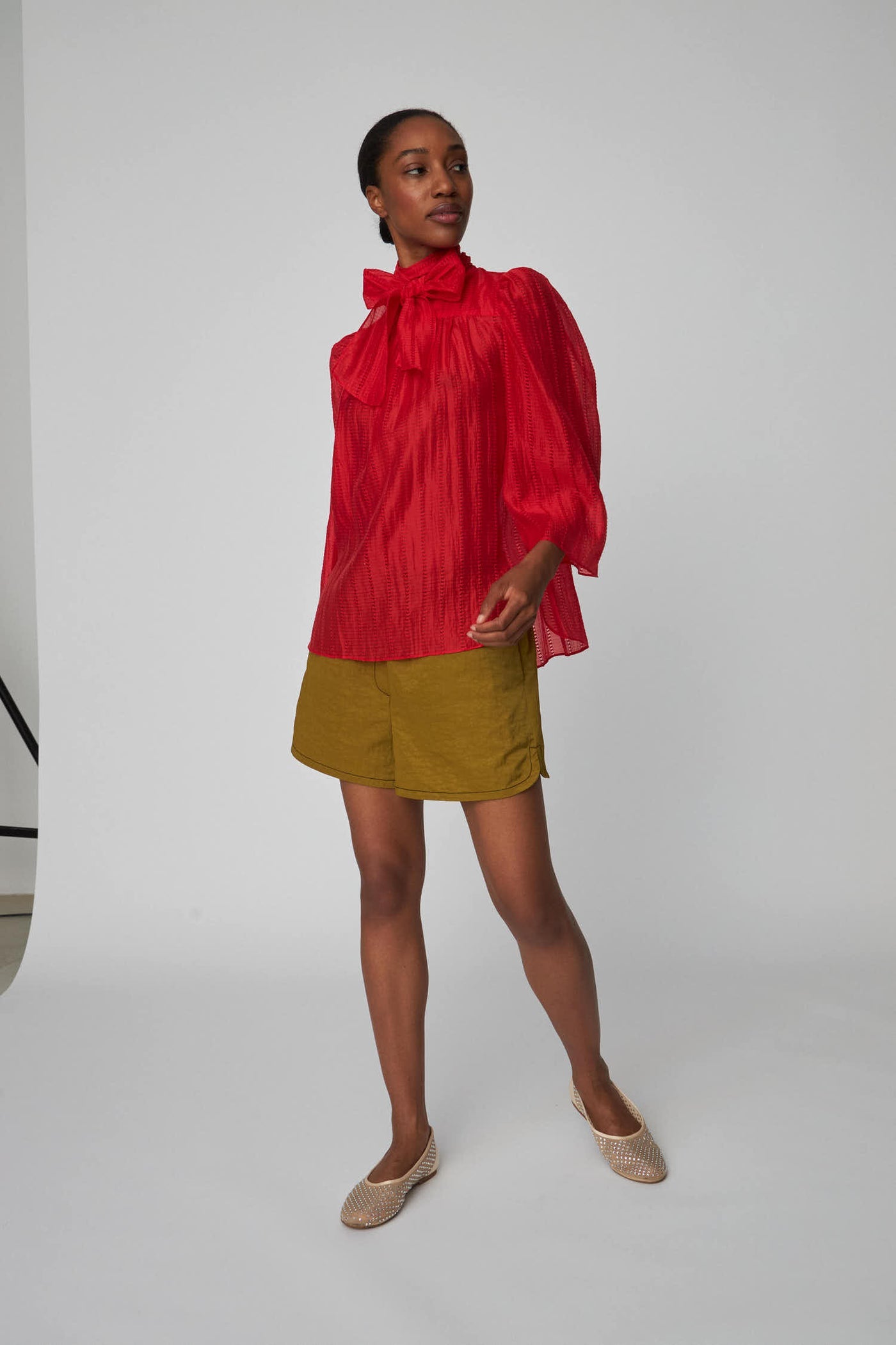 Pointelle High-Neck Bow Blouse Flame Red