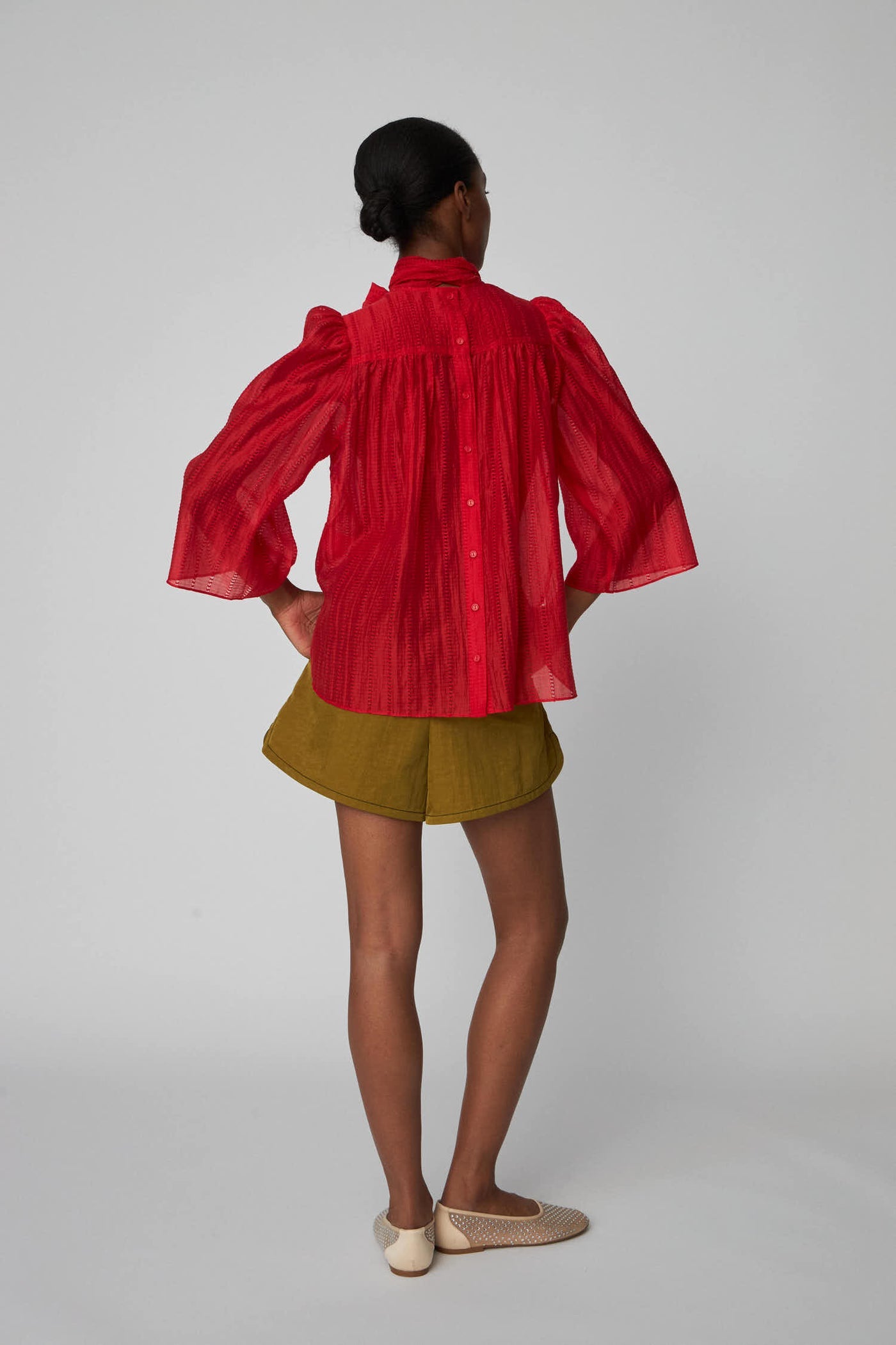 Pointelle High-Neck Bow Blouse Flame Red