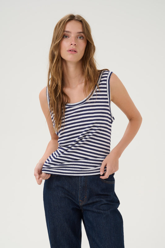 LisaMW Striped Linen Top Dark Sapphire Blue