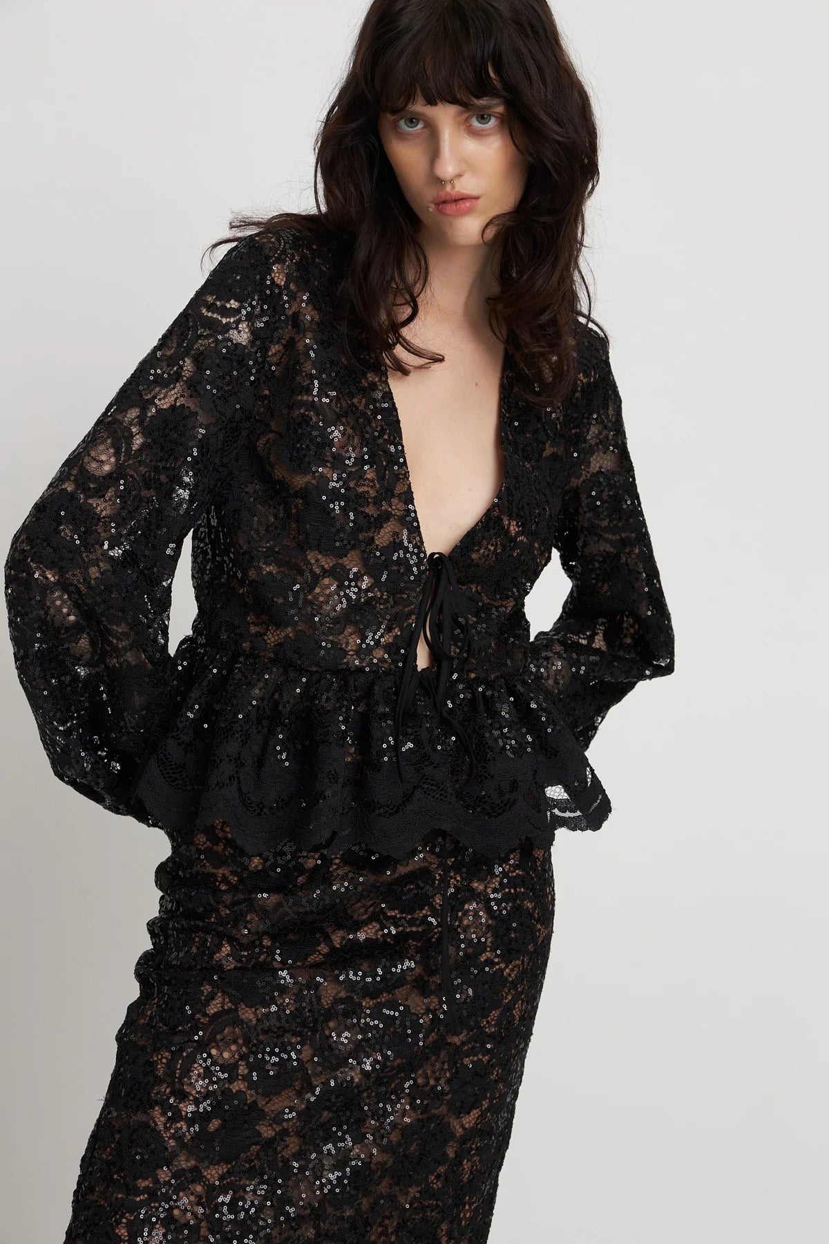 Lace Sequins Blouse Black